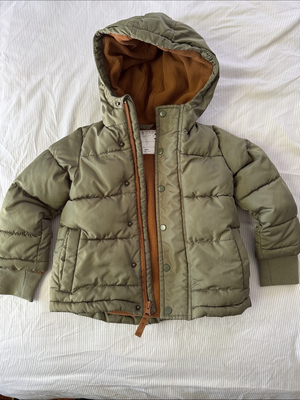 okie dokie Olive Green Hooded Puffer Jacket with Brown Lining